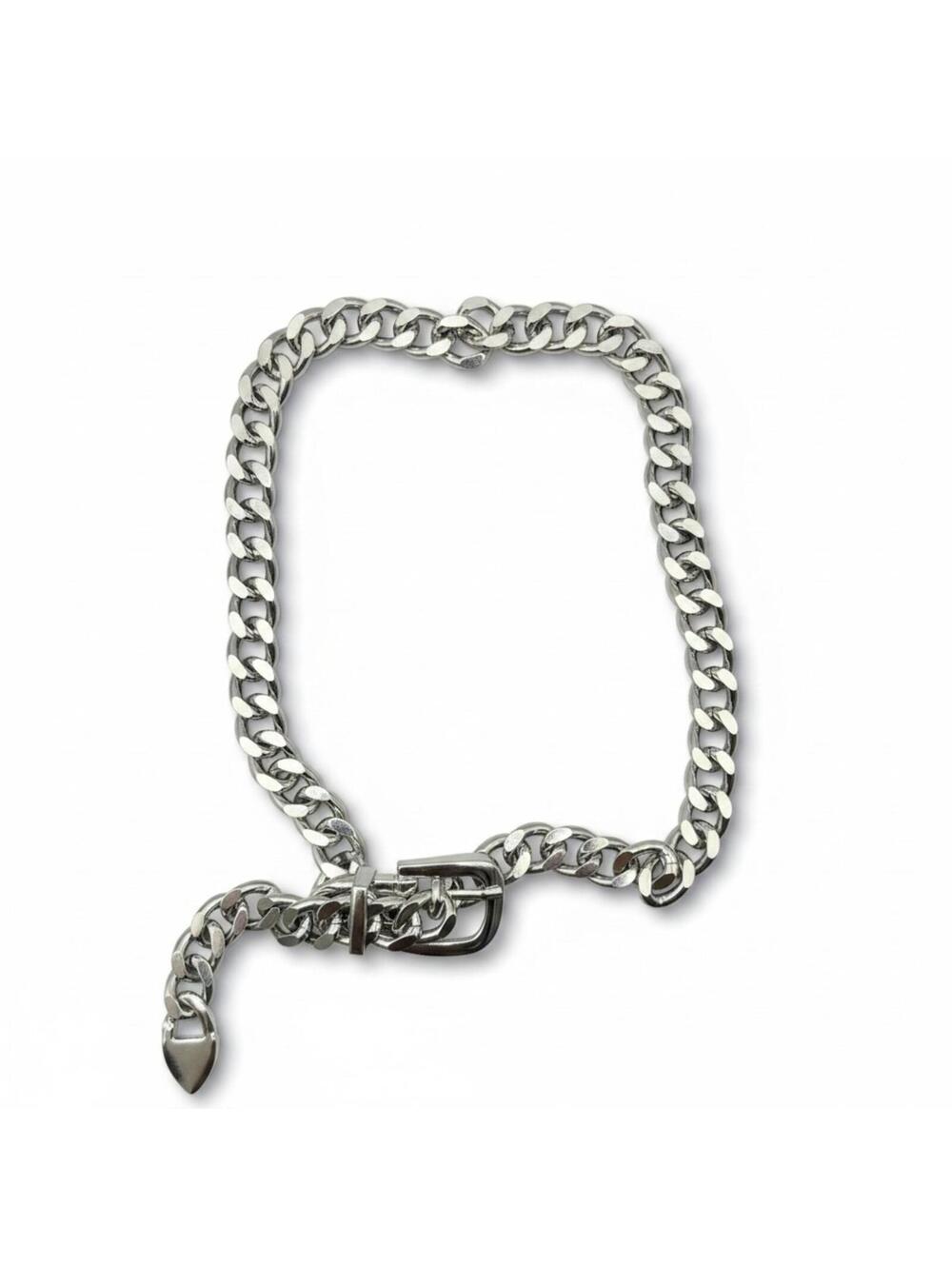 Chunky Rhodium Plated Belt Buckle Statement Necklace - Adjustable